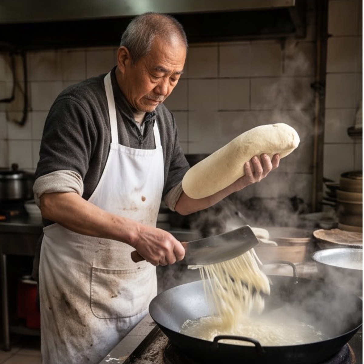 面案、刀光与蒸笼的白汽