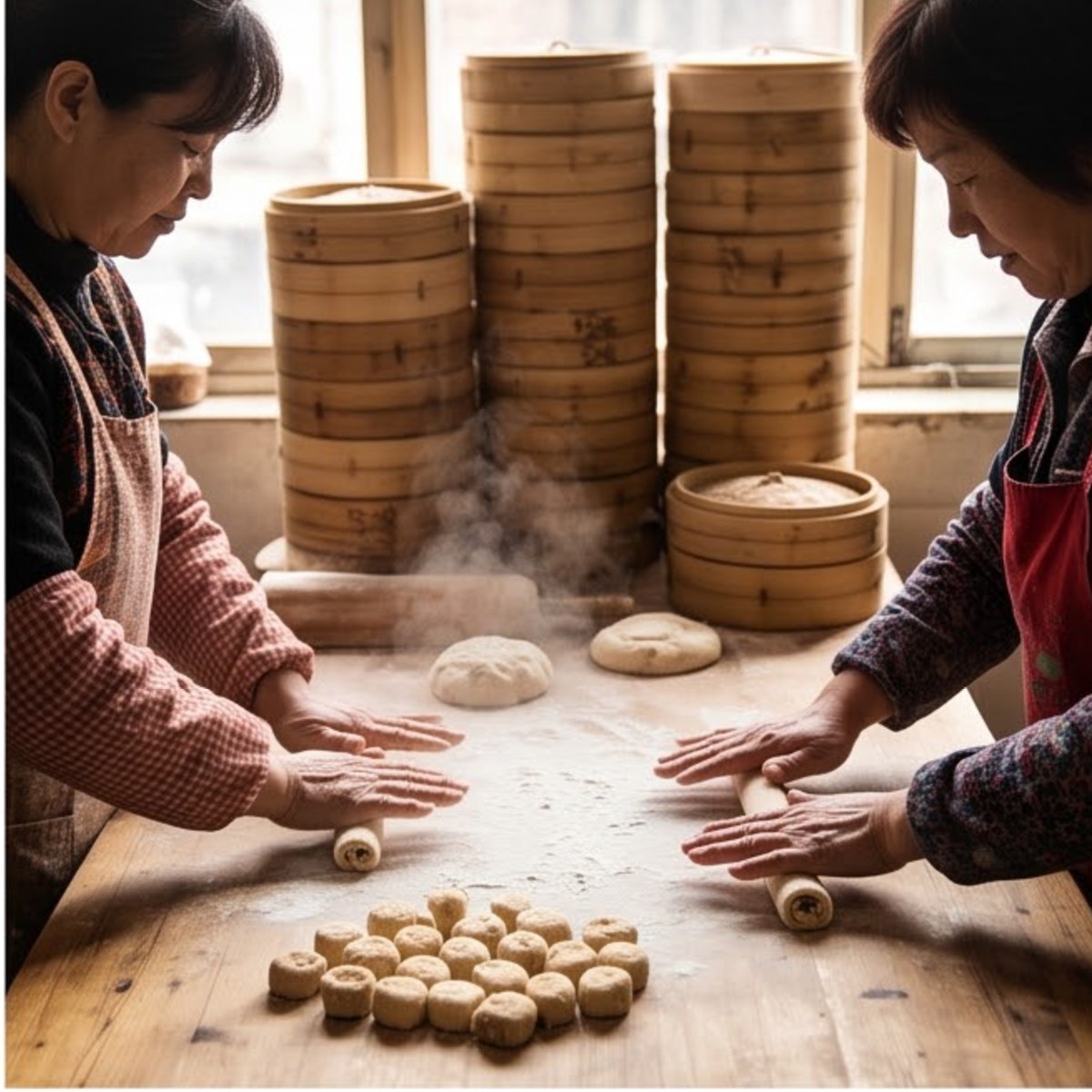 面案、刀光与蒸笼的白汽