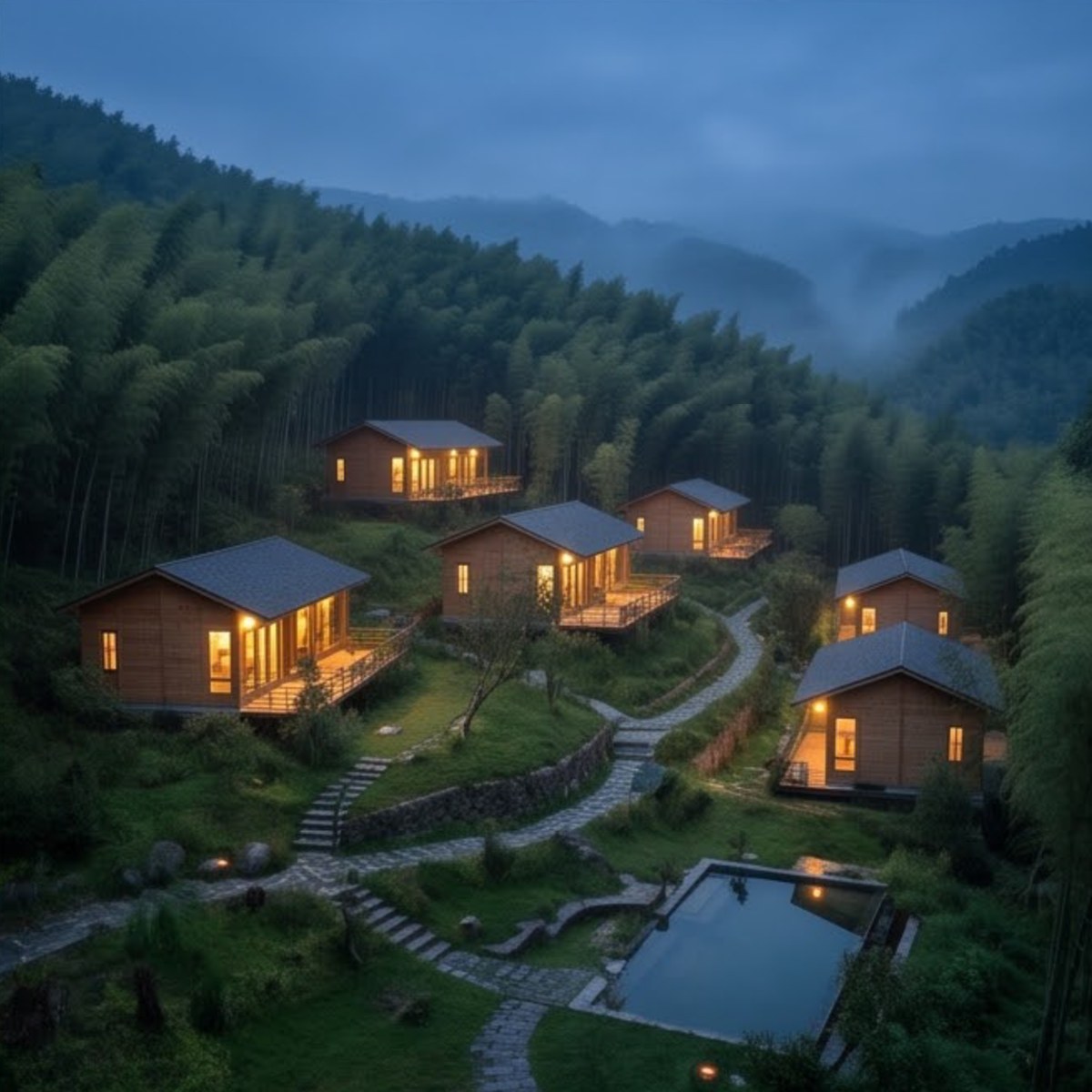 六栋小屋 · 散在竹海的不同高度